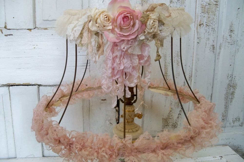 Romantic shabby chic lampshade soft muted pinks with distressed lace paper roses anita spero