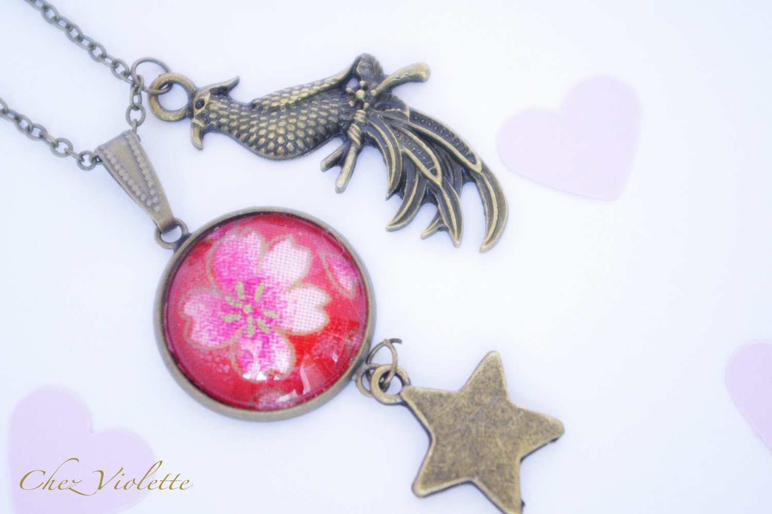 Necklace Parrot Red Japanese Fabric star pendant charm bronze