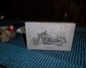 His desk ,Original drawing art print KAWASAKI Vulcan 1600 Classic 2006,on CANVAS print For Man Office, Canvas on recycled wood, 4x6,5 in.