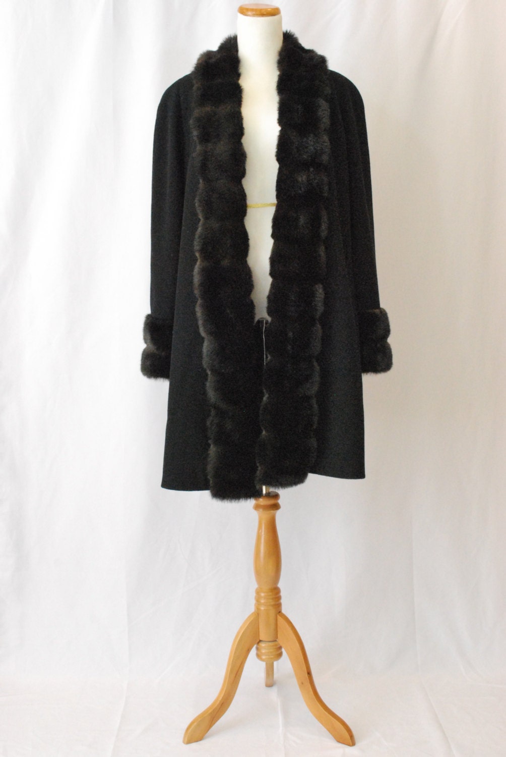 Vintage 60's Black Wool Fur Trim Coat