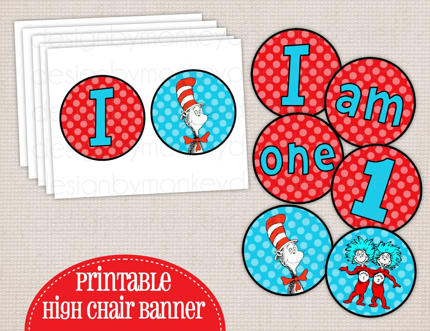 Adorable Cat in the Hat Thing 1 & 2 Polka Dots Printable DIY High Chair  Banner "I am one/1"