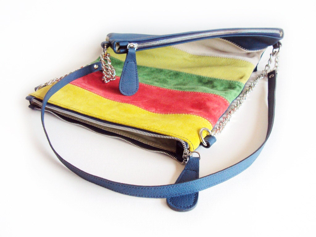 Colorful Leather Clutch, Blue Foldover Leather Purse, Reversible Leather Bag, Messenger bag, Multipurpose Leather pouch