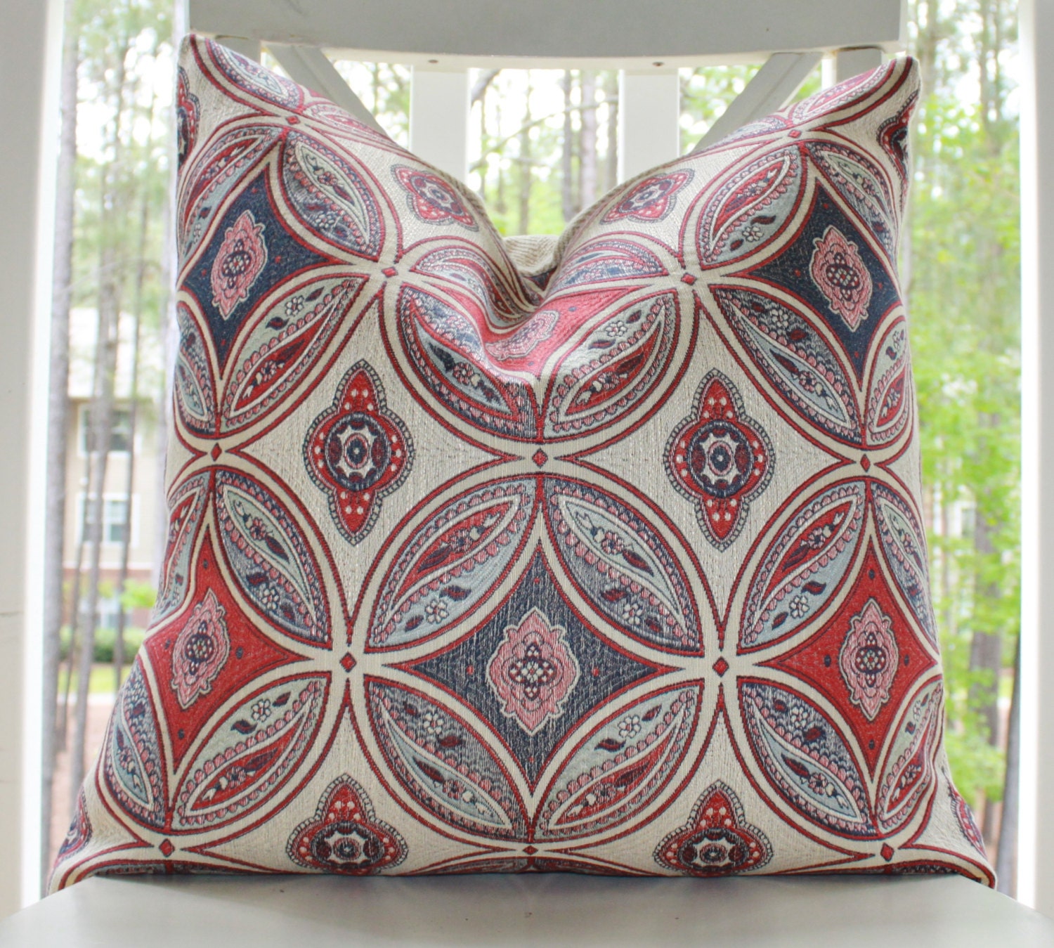 Designer Blue Pillow - Red Blue Aqua Geometric Moroccan Medallion Pillow Cover- Decorative Bohemian Pillow Cover - Stroheim