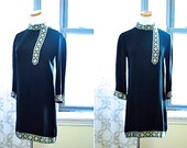 Vintage Black Dress LBD Mod Dress Vintage 1960s 60s Midcentury Carlette Mod Shift Dress with Embroidered Details / S Small / 2 / 4