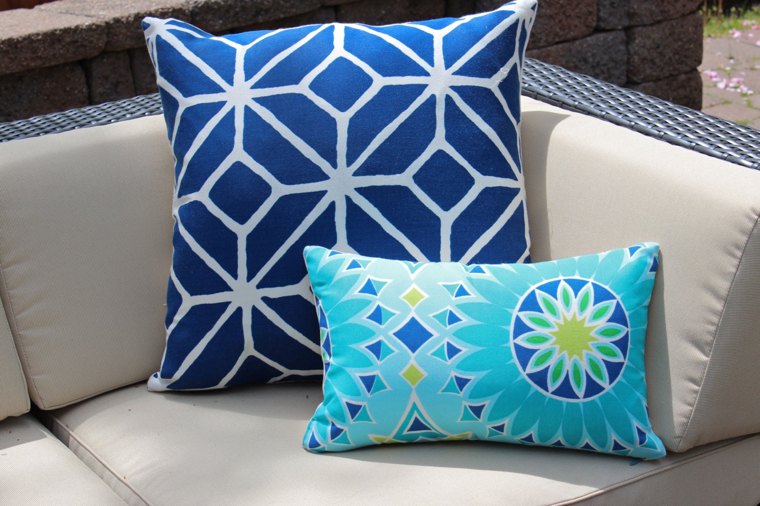 Outdoor Designer Pillow Covers in Blue, Turquoise and Chartreuse