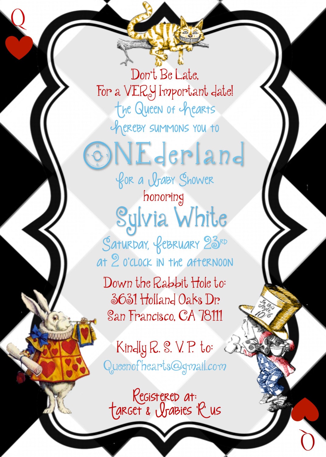 Alice in Wonderland Black & White checkered Queen of Hearts Baby Shower Invitation- Digital Printable File