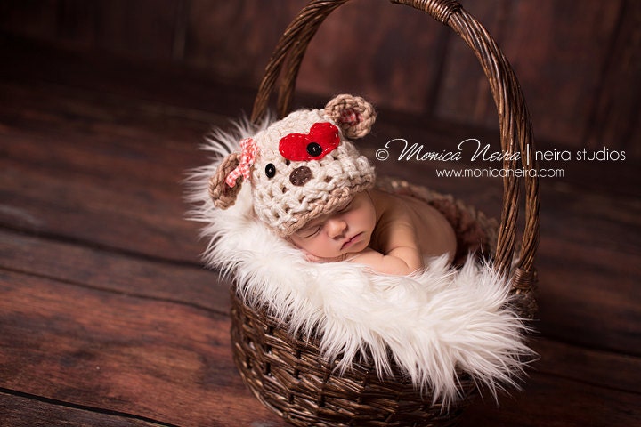lovestruck puppy, crochet hat, baby hat, newborn photography, photo prop