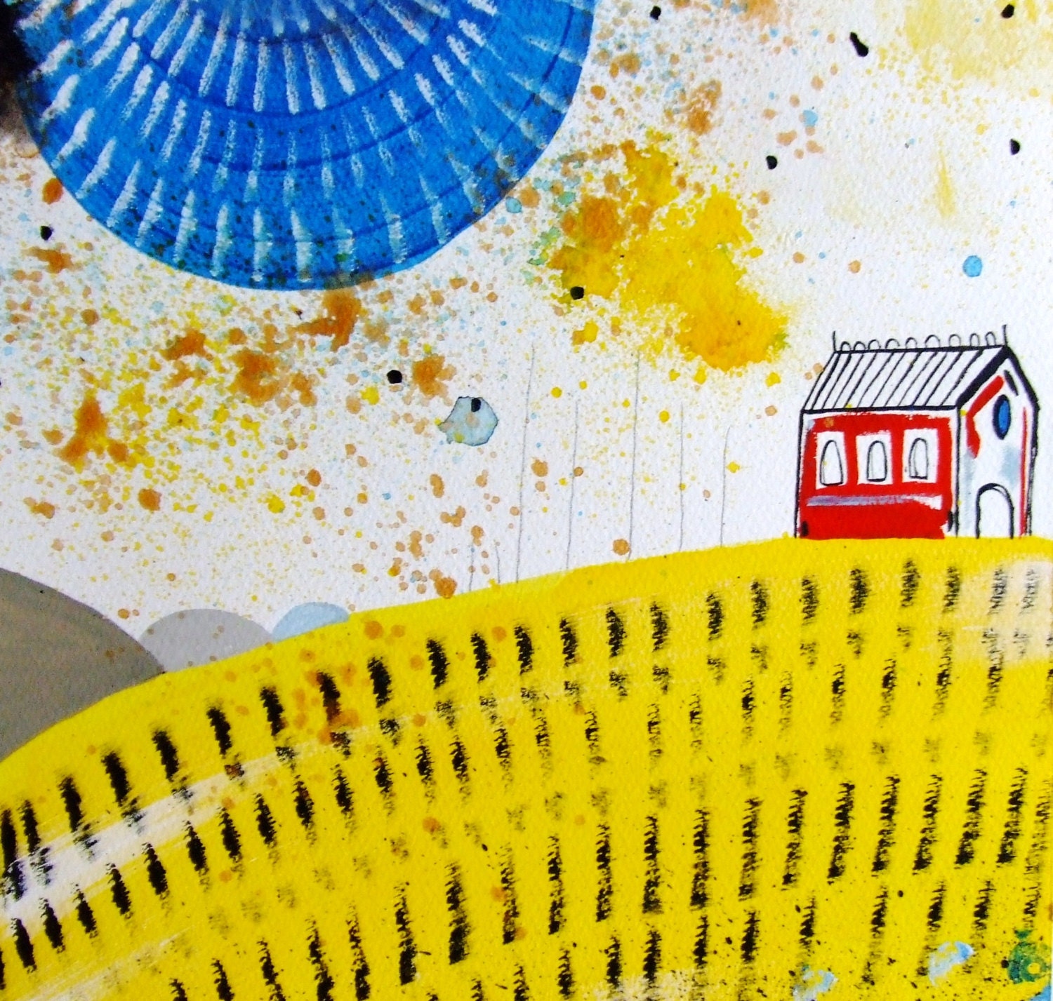 Landscape Original Painting House Sky Nature Acrylic Paint Gouache Ink Home Decor Wall Art Contemporary Art Landscape Yellow Blue Red House