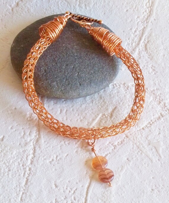 Viking Knit Bracelet in Copper with Bead Dangle by ArKaysCreations