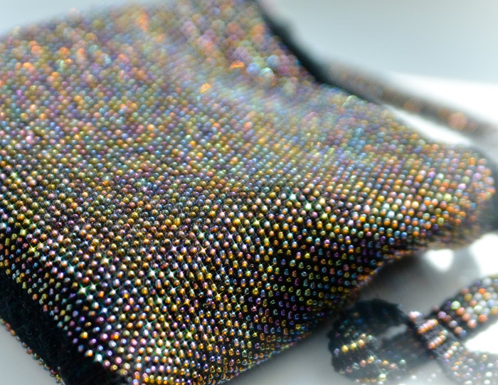 Knitted beaded  iris metallic cross body bag/ Hippie beaded sparkling bag/ Black and yellow crochet bag