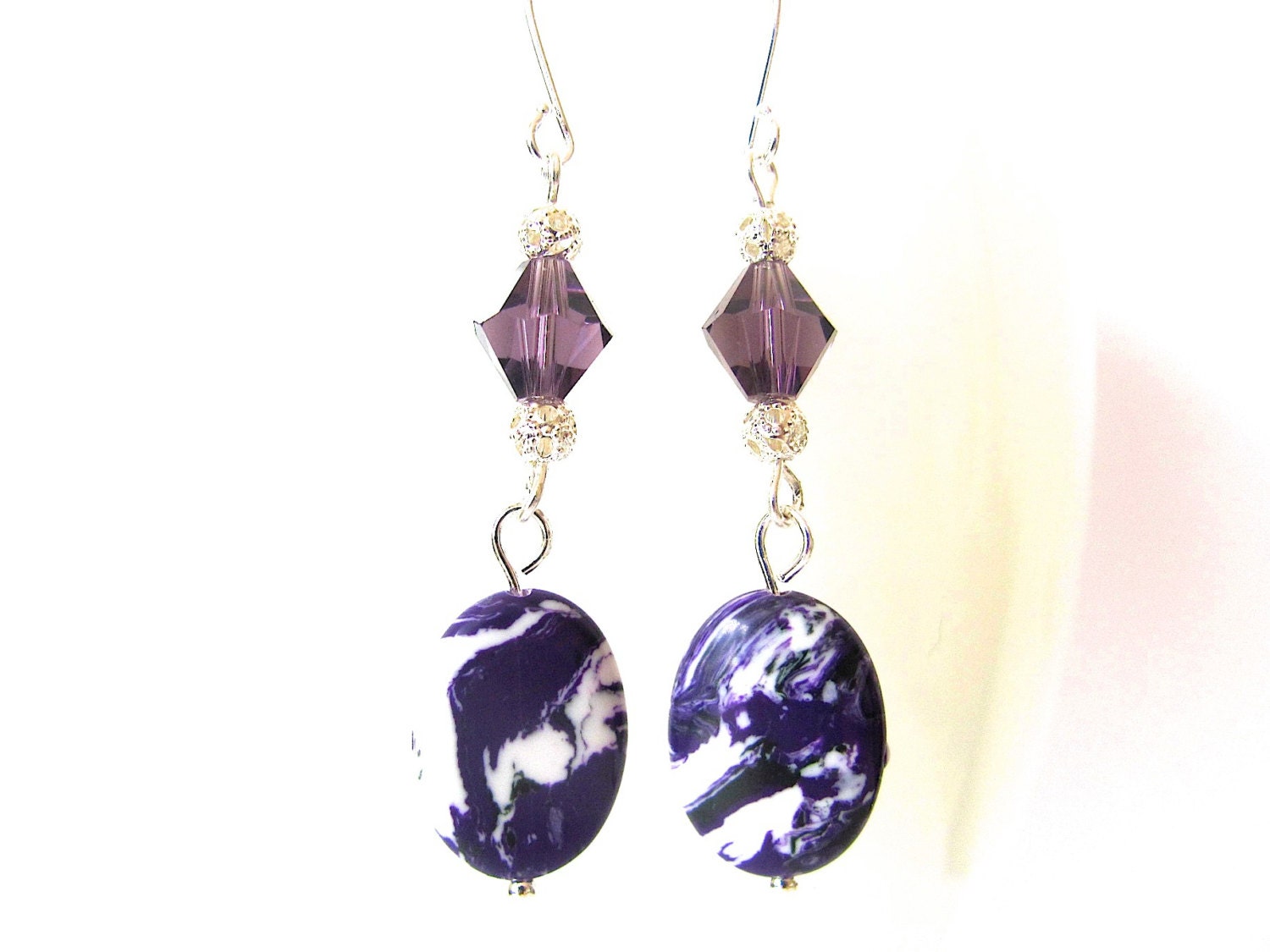 Purple Earrings, Dangle Earrings, Gemstone Earrings, Amethyst Purple Eggplant Plum White, Swarovski Earrings, Unique, Free Shipping