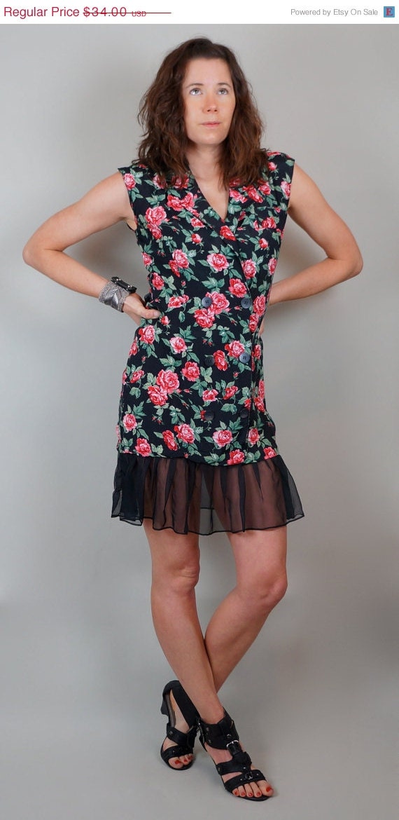 SPRING SALE Floral Print Black Sleeveless Tuxedo Dress// Chiffon Ruffle Hem// Mini Body Con Fit