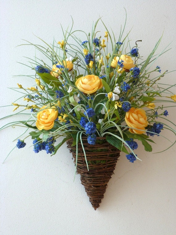 Vine cone wall basket blue yellow white by EnchantedForestByDee