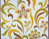 Vintage  WALLPAPER by the yard, French Retro Wallpaper from the 70s. Big Abstract Flowers in Orange, Green and brown, on a Beige Background.