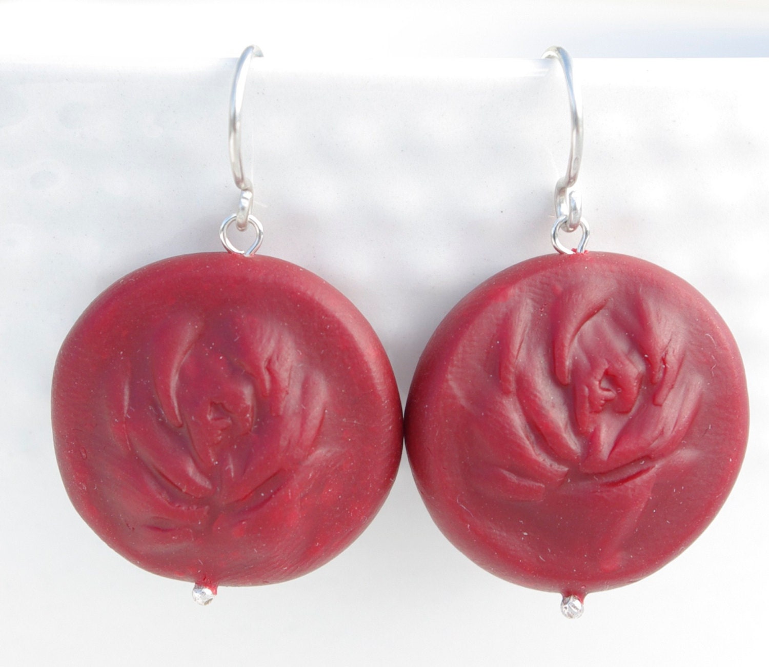 red rose polymer clay disc drop earrings - sterling argentium silver ear wires for sensitive ears