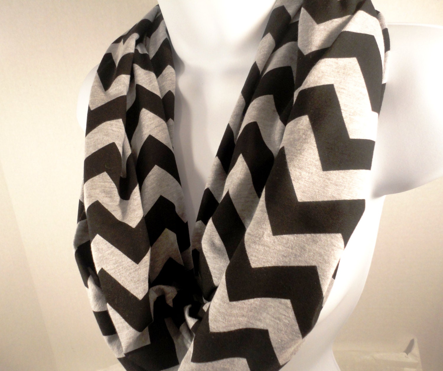 Infinity Scarf - Chevron Zig Zag Scarf, Loop Scarf  - Black and Gray Cotton Jersey, Spring Scarf, Summer Scarf