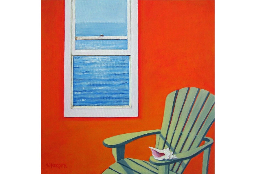 Window to the Sea - Seashell Ocean Beach Seashore Coastal Glicee Print Green Adirondack Chair from original painting Korpita ebsq