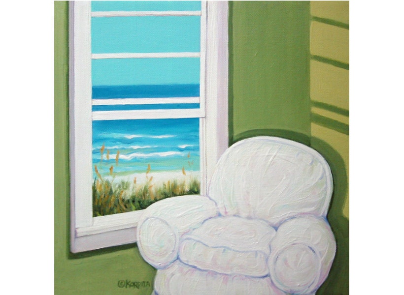 Window to Sea - Ocean Beach Seashore Coastal Glicee Print Chair Green 3 sizes from original painting Korpita ebsq