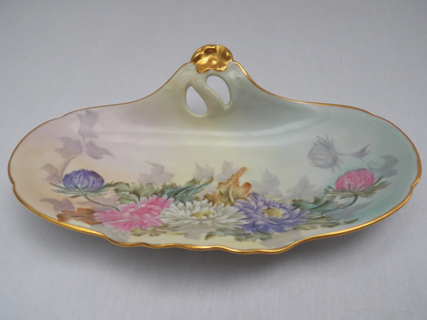 LIMOGES France Hand Painted and Signed Dish - Flower Decorated Gold Gilt Trim - Antique Fine Porcelain Serving or Display Vanity Tray