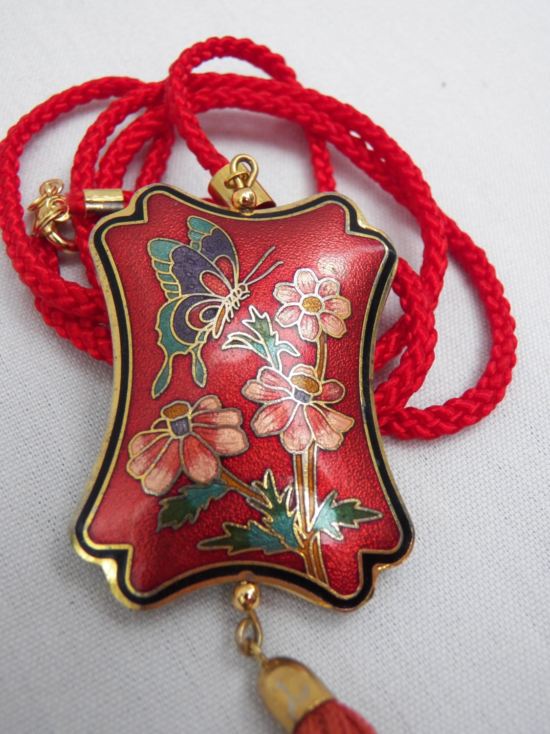 Vintage Cloisonne Butterfly Flower Pendant Tassels on Red Silken Necklace - Oriental Asian Style - Art Deco Classy Style