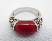 Vintage Sterling Silver Marcasite and Red Stone Ring - Art Deco Statement Jewelry - Size 6 Thick  Sterling Ring Band - Estate Jewelry