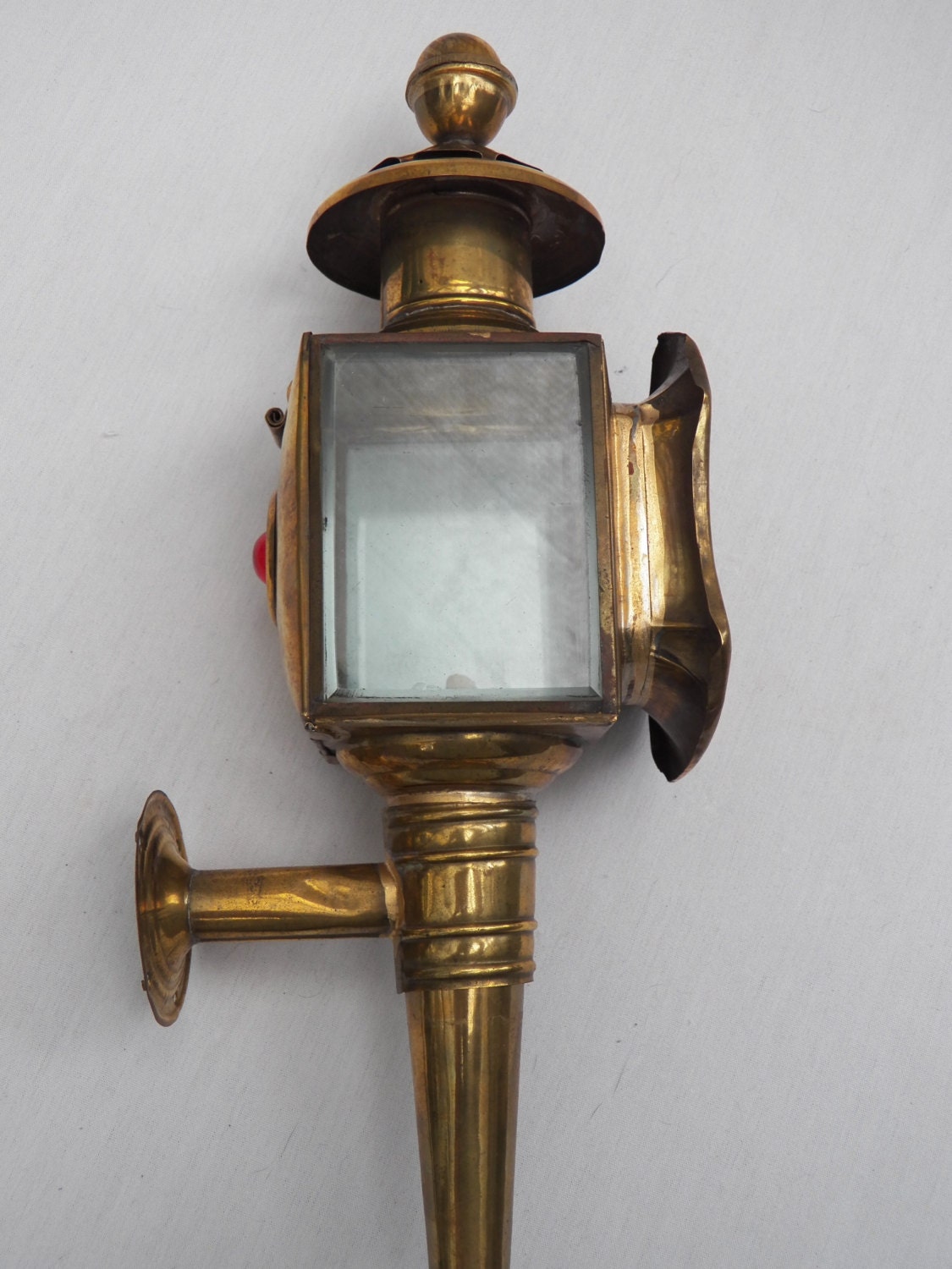 Antique Brass Kerosene Oil Lantern Lamp Wall Sconce - Buggy Carraige Victorian Light Beveled Glass with Red Signal Industrial Automotive