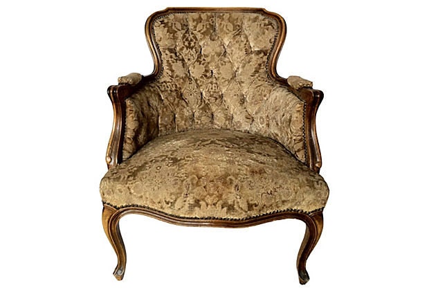French Bergere Tufted Velvet Arm Chair Velvet Upholstered Vintage Wood Fabric