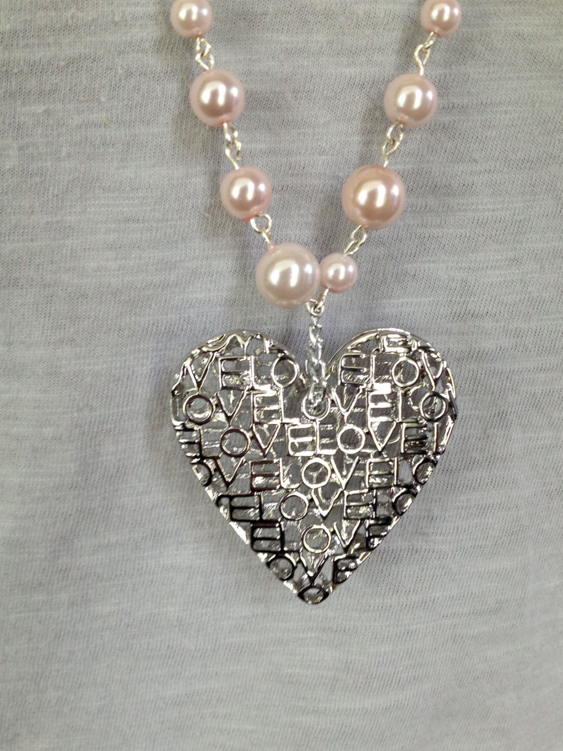 Silver Love Heart Pendant Necklace With Light Pink Pearls