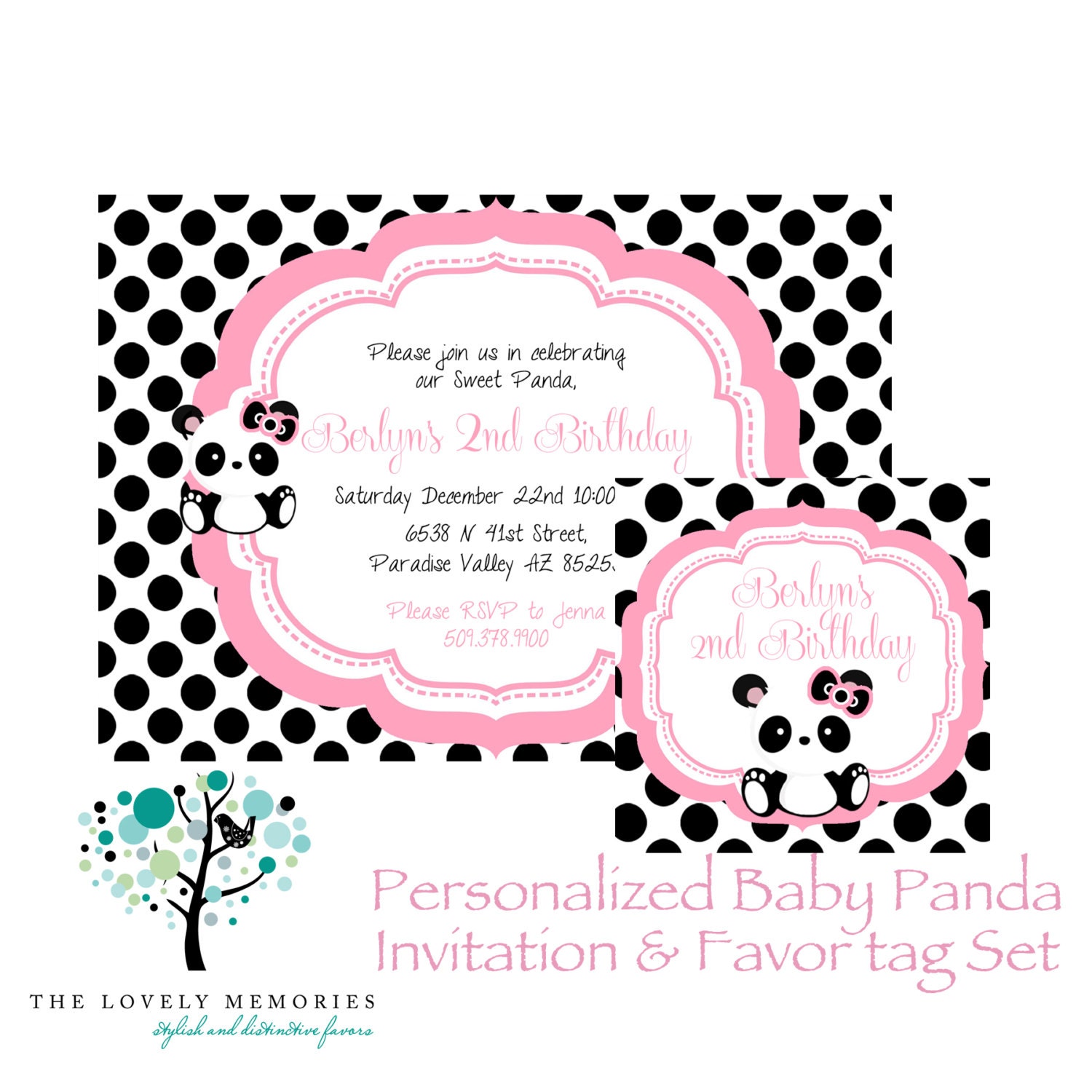 Damask or Polka Dot Baby Panda Baby Shower Invitation & Tag Set- DIY Printable File Il_170x135