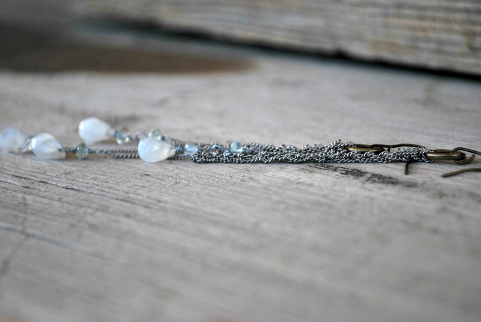 Crochet Chain Earrings. Moonstone and Aquamarine. Shoulder Dusters