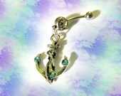 SALE-Belly Ring, Antique Silver Nautical Ship Anchor with Blue Crystals, Belly Button Jewelry, For Her