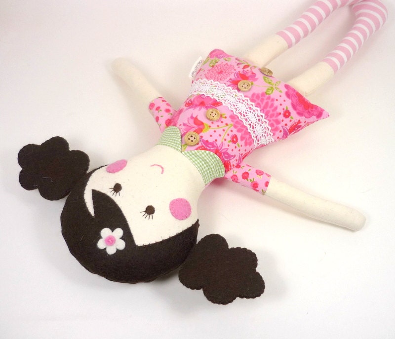 cloth rag doll, girl toy , dark brown hair doll , pink floral dress , lace and collar , brown curly hair,  eco firendly doll