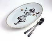 Alice in Wonderland Big Platter Serving Butterflies Porcelain Vintage Altered White Brown Romantic Whimsical