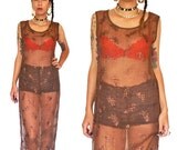 HOLA VINTAGE 90s Designer Vintage Boho Grunge Sheer Silk Maxi Dress - Glam Glitter Layer Dress - Sheer Brown Crepe Tube Dress - Small