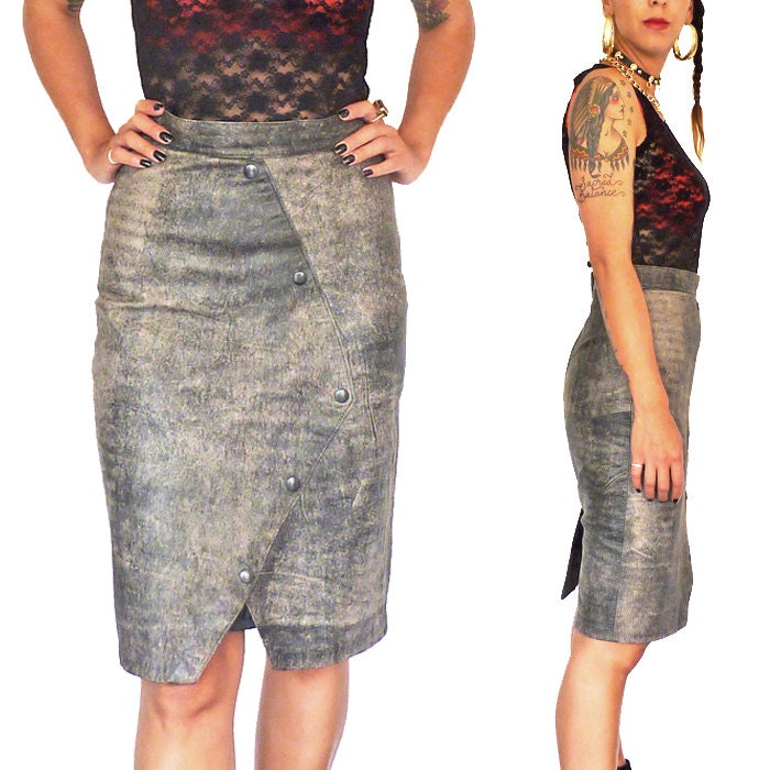 HOLA VINTAGE 80s Acid Wash Grey Black Leather Pencil Skirt - Grunge Soft Leather Panel Midi Skirt - High Waist Leather Midi - Small
