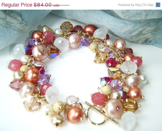 25% OFF Pink Swarovski bracelet  pearl cluster bracelet cha cha bracelet pink gemstone goldfilled OOAK