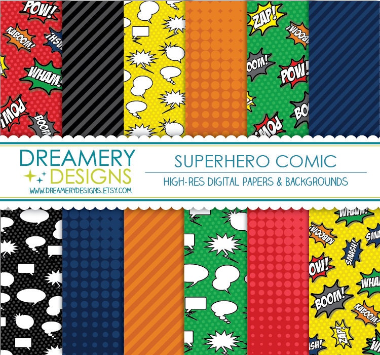 Superhero Comic Digital Papers - INSTANT DOWNLOAD - Printable JPGs - Scrapbooking Paper, Holiday Party, Wrapping Paper