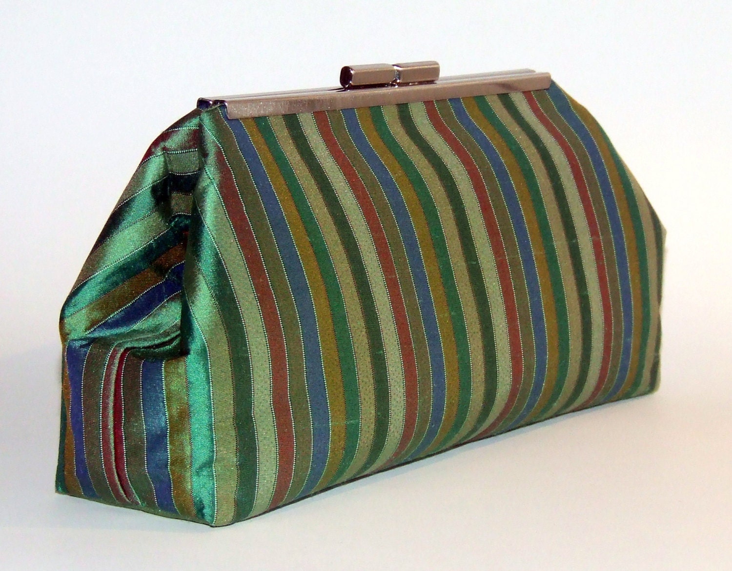 Silk Clutch - Emerald Green, Jade Green and Teal Stripes
