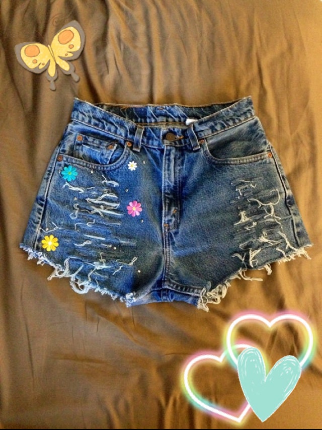 Destroyed Denim Studded Cut-off High-Waisted Levi Shorts Size 5 w/ Flower Patches Kawaii Cute Hipster Unique Funky Tumblr