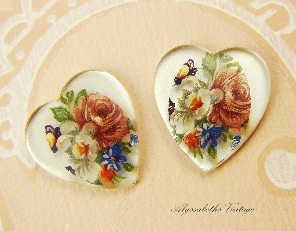 Vintage Mirrored Rose Flower Bouquet Heart Cabochons Plastic 18x16mm (2)