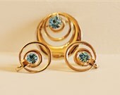 Abstract Brooch and Earrings Set. Gold and Bright Light Blue. Fun. Quirky. Great Gift for Easter. Spring.