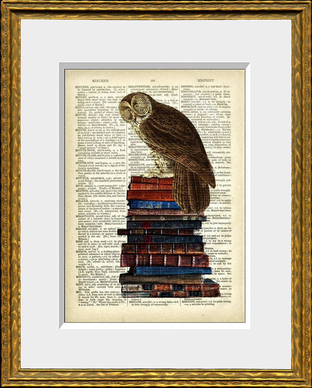 BOOKISH OWL - recycled book page print - an upcycled antique dictionary page with a wise owl on an old stack of books - home decor