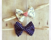 Sail Away nautical 4th of July summer baby bow headband/clip set
