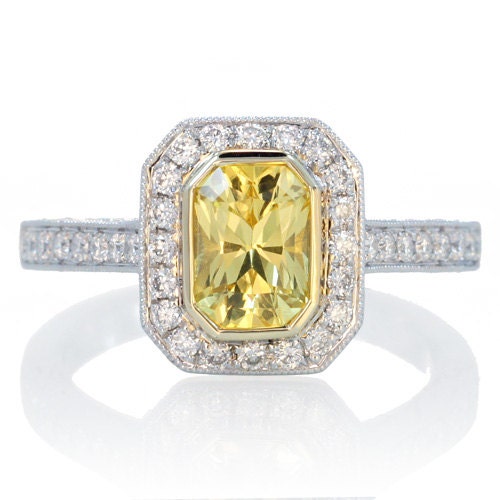 18 Karat White Gold Radiant Cut 7x5 mm Bezel Set Yellow Sapphire Diamond Halo Cathedral Solitaire Engagement Anniversary Ring