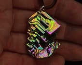 Stairs into the Aurora Borealis, Iridescent Bismuth Metal Crystal and Sterling Silver Pendant for your Necklace, Fractal, Artistic Jewelry