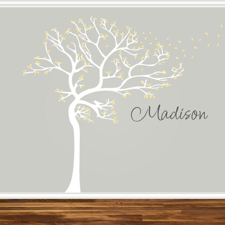 Custom Personalized Childrens Room Nursery Tree Decal Floating Leaves Branches Name Cute Girls Boys Infant Toddler Room