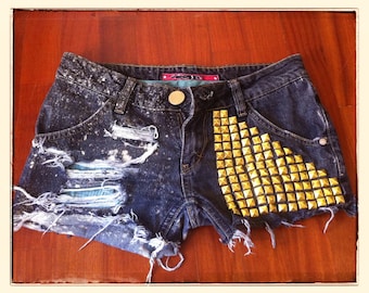 galaxy studded shorts - acid washed and destroyed