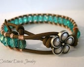 Beaded Leather Wrap Bracelet, Spring Fling, Turquoise and Peach, Flower Girl, Boho Chic, Mother's Day
