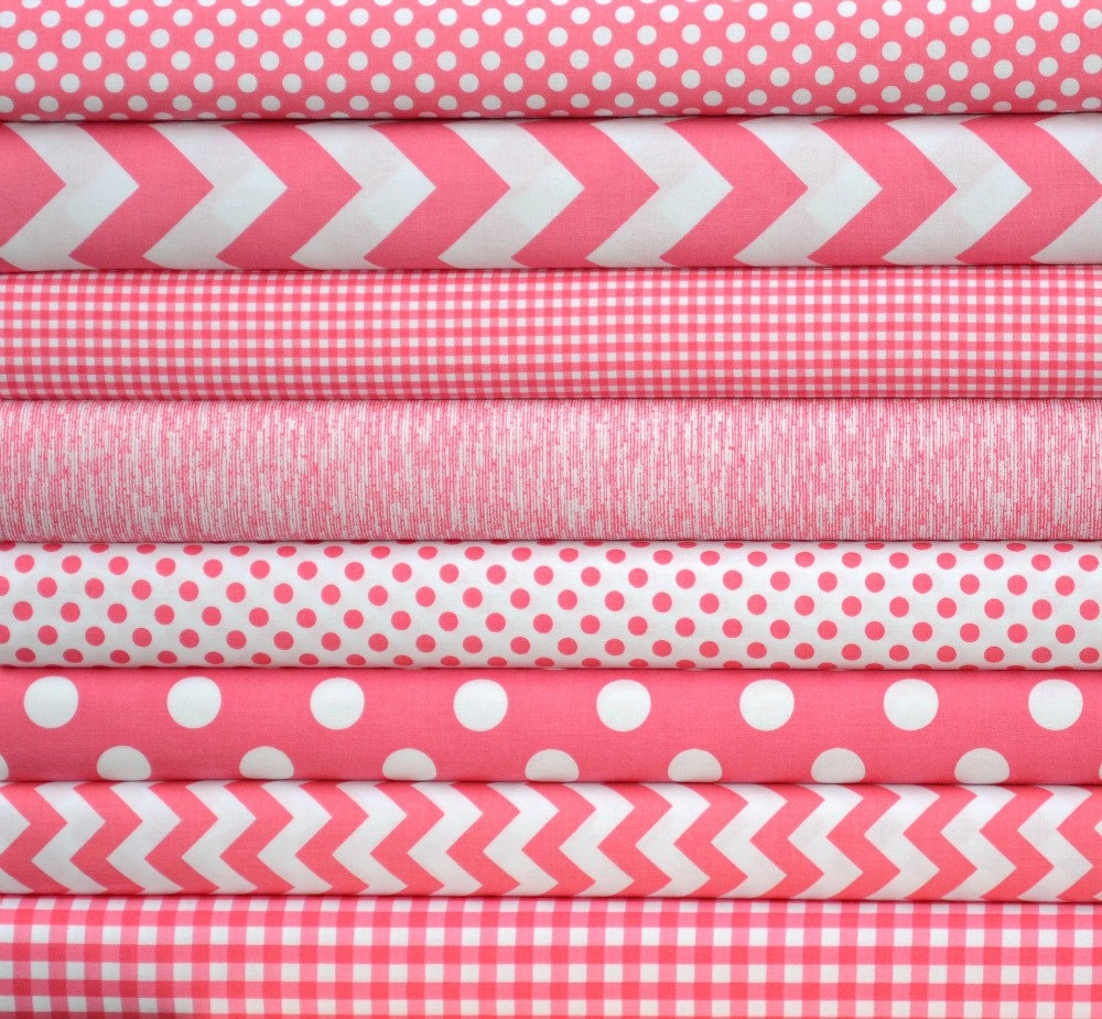 Hot Pink Fat Quarter Bundle - Riley Blake Chevron, Dots Gingham and Shuffle in Pink and  White - 8 Fat Quarter Pieces (2 yards Total)