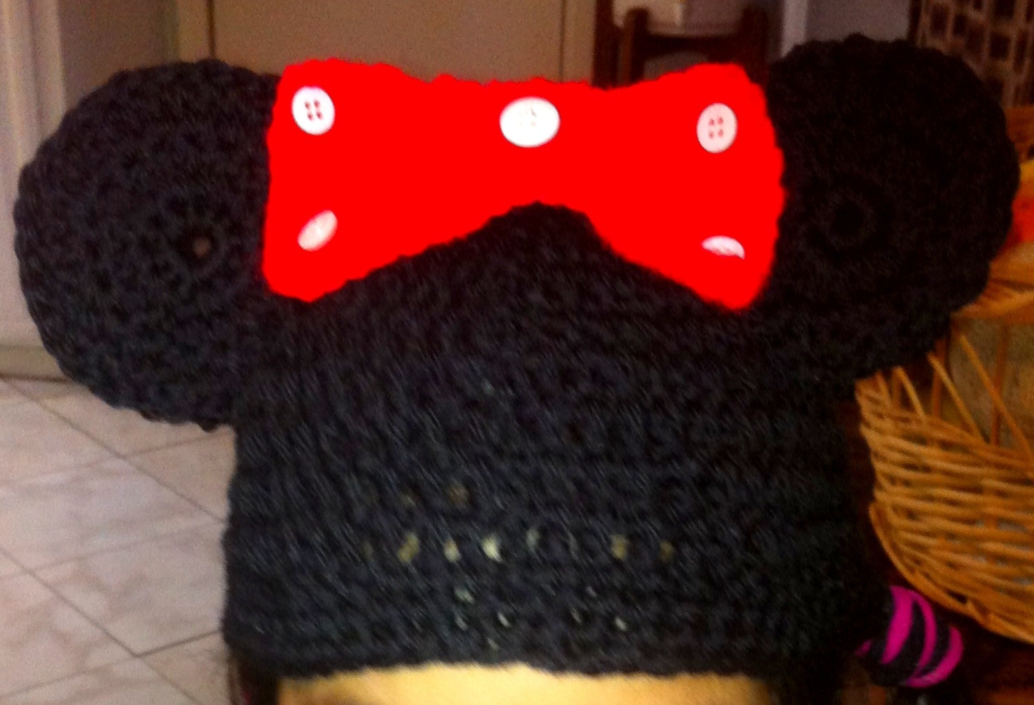 Handmade Knitted Crochet Kitty or Mouse Fluffy Crochet Beanie Hat Soft Wide Knit pink bow